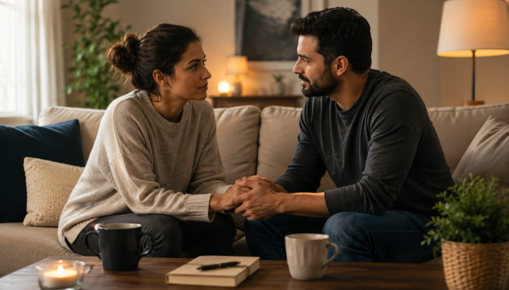 Rebuilding Trust: Conversation Tools for Healthy Relationships - Eramag Magazine – Business, AI & Digital Growth Couple holding hands during a heartfelt conversation in a cozy living room, rebuilding trust through honest communication, emotional connection, and mutual respect.