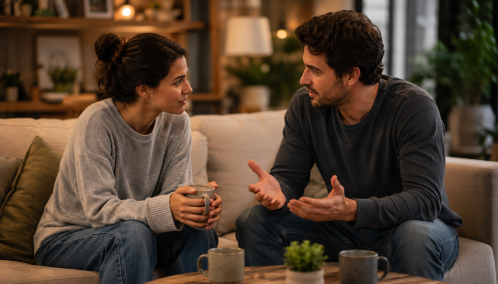 Couple having a warm, honest conversation at home while rebuilding trust, practicing active listening, emotional safety, and healthy communication.