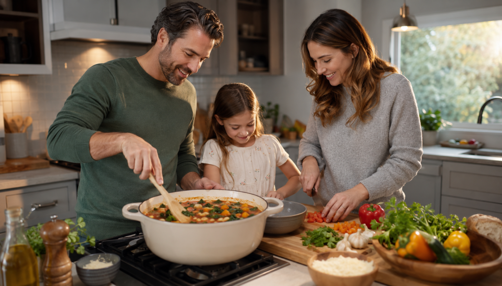 Weeknight Rescue: One-Pot Easy Dinner Recipes for Busy Families - Eramag Magazine – Business, AI & Digital Growth Busy family cooking a one-pot weeknight dinner together with fresh vegetables, a large simmering pot, and simple meal prep in a cozy kitchen.