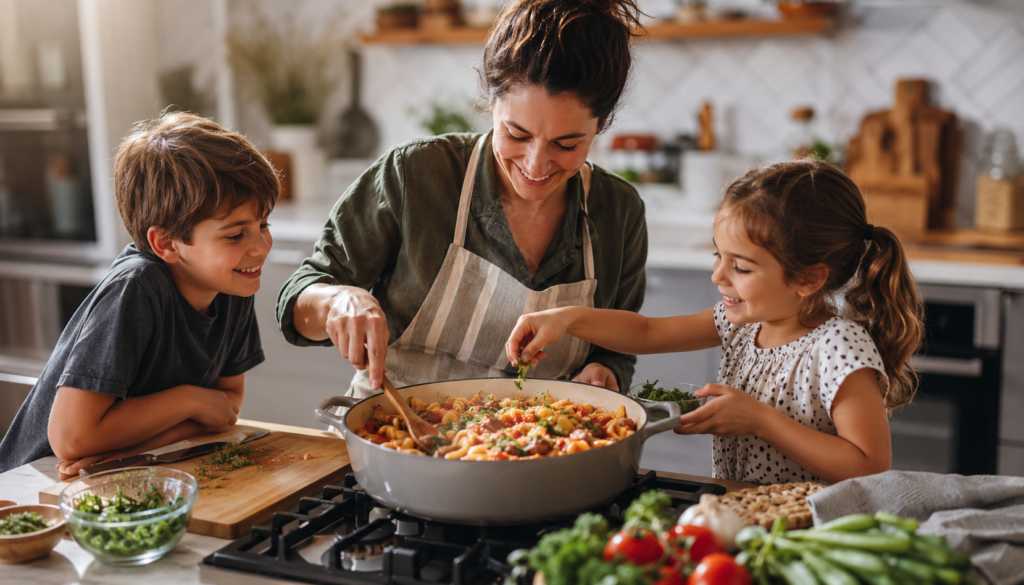 Busy family cooking a one-pot dinner together in a bright kitchen, with fresh vegetables, pasta, and homemade ingredients for an easy weeknight meal.