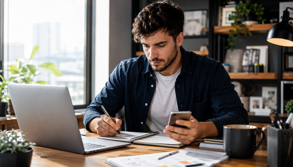 Freelancer using AI productivity tools on a laptop and smartphone in a modern workspace to organize tasks, automate admin work, and improve daily workflow.