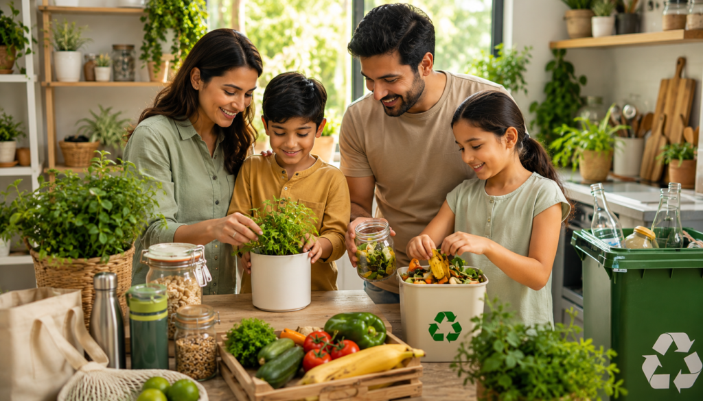 Family practicing sustainable living at home with recycling bins, compost scraps, reusable items, indoor plants, and children learning eco-friendly habits.