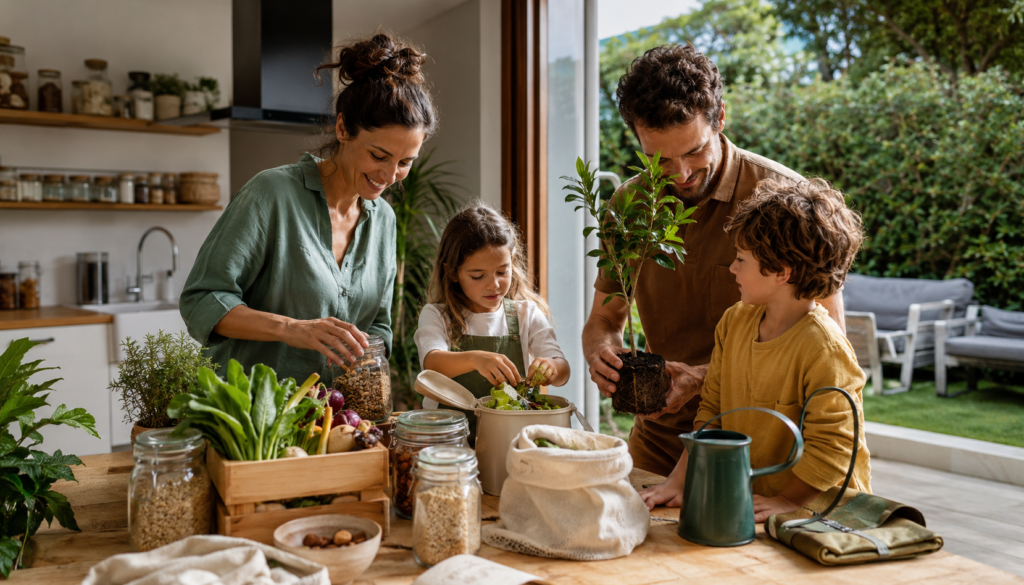 Family planning sustainable living at home with fresh vegetables, reusable jars, compost, and a young tree, showing practical green habits and eco-friendly teamwork.