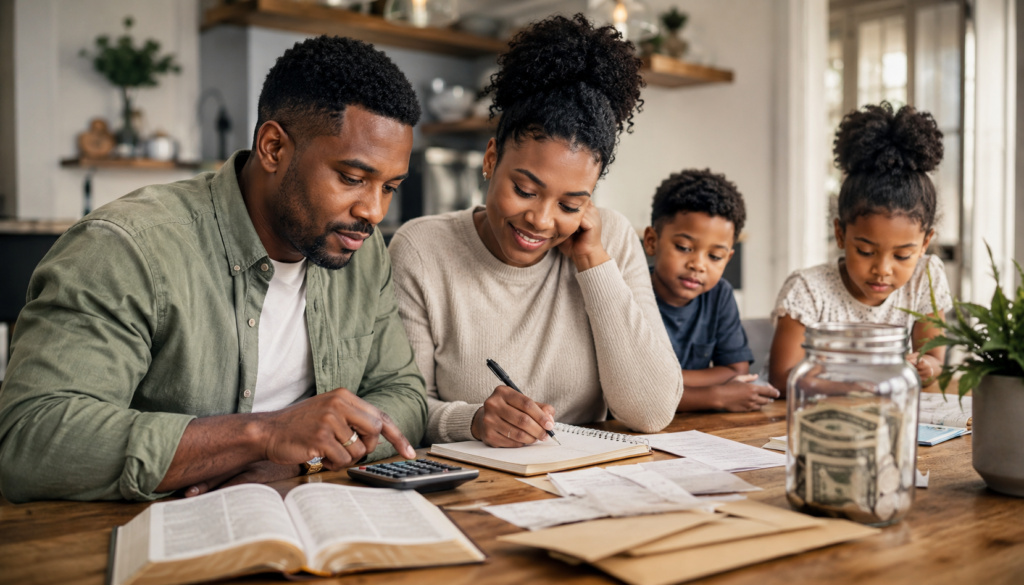 When Tithes Don't Fit: Christian Budgeting for Busy Families - Eramag Magazine – Business, AI & Digital Growth Christian family reviewing a household budget with an open Bible, calculator, savings jar, bills, and children nearby at the kitchen table.