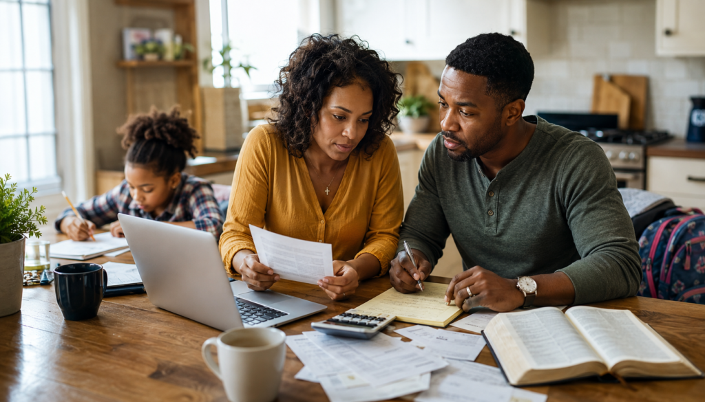When Tithes Don't Fit: Christian Budgeting for Busy Families - Eramag Magazine – Business, AI & Digital Growth Busy Christian family reviewing a budget with an open Bible, laptop, calculator, and bills, showing faith-based money planning, tithing decisions, and biblical stewardship at home.
