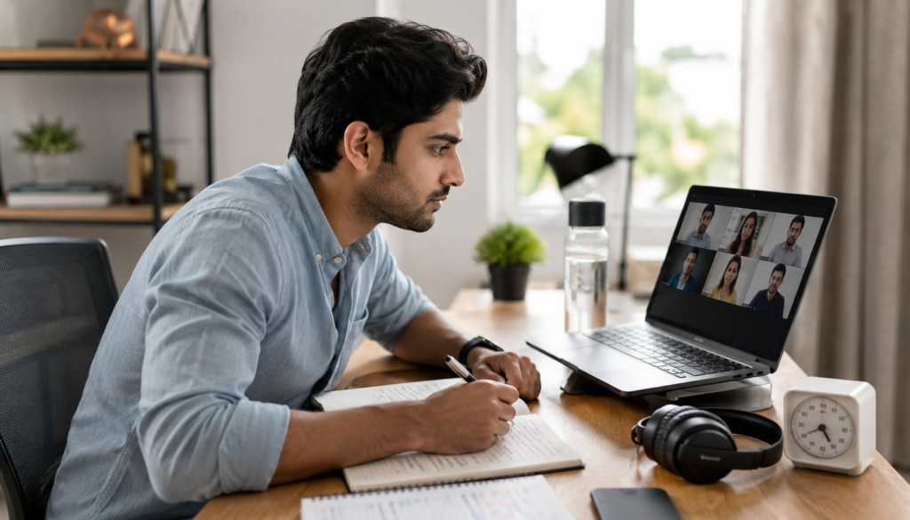 Online student managing Zoom fatigue with focused e-learning habits, laptop video class, notebook, headphones, water bottle, and study timer.