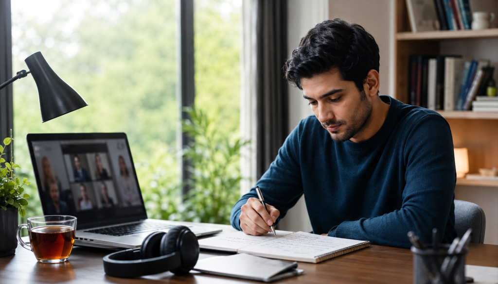 Beat Zoom Fatigue: e-learning Strategies for Focused Study - Eramag Magazine – Business, AI & Digital Growth Online learner taking focused study notes beside a laptop video class, headphones, and tea, showing practical e-learning strategies for reducing Zoom fatigue.