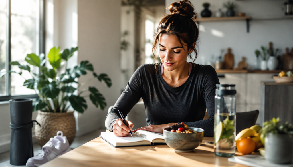 Healthy Daily Habits to Rebuild Energy Without Burnout - Eramag Magazine – Business, AI & Digital Growth Woman journaling beside fruit, water, and workout gear in a bright kitchen, showing sustainable daily habits for energy, balance, hydration, and healthy routines.