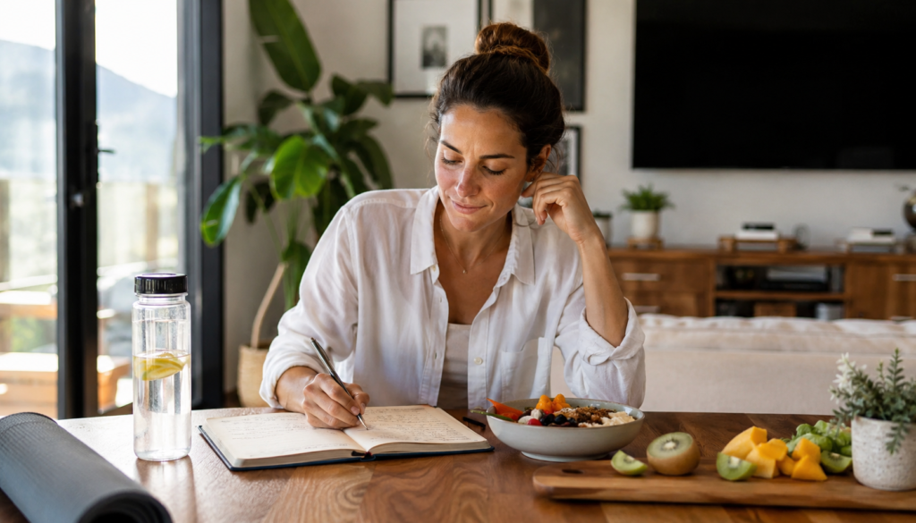 Woman journaling a balanced daily wellness routine with water, fresh fruit, nourishing food, plants, and soft natural light at home.