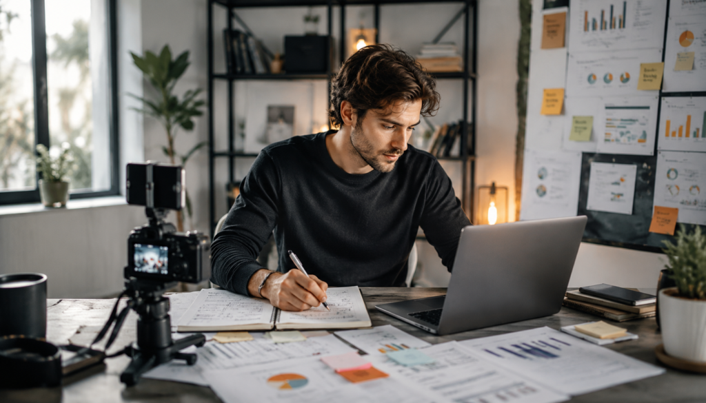 Solo content creator planning digital marketing campaigns and online business growth from a home office workspace.