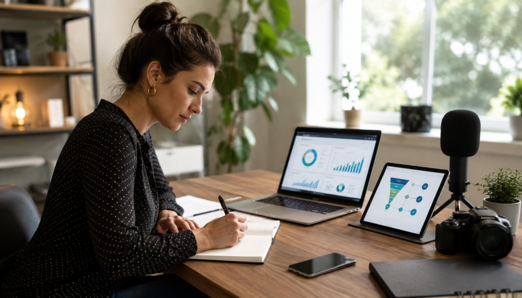 Repeatable Digital Marketing Strategy for One-Person Creators - Eramag Magazine – Business, AI & Digital Growth Content creator reviewing marketing analytics and planning business growth strategies from a home office workspace.