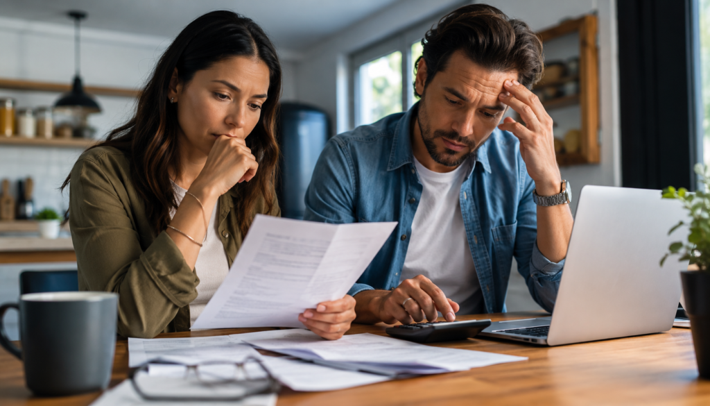 When Bills Surprise You: A Personal Finance Plan That Works - Eramag Magazine – Business, AI & Digital Growth Couple reviewing surprise bills with a laptop, calculator, and paperwork at home, creating a practical personal finance plan for budgeting, saving, and money stress.