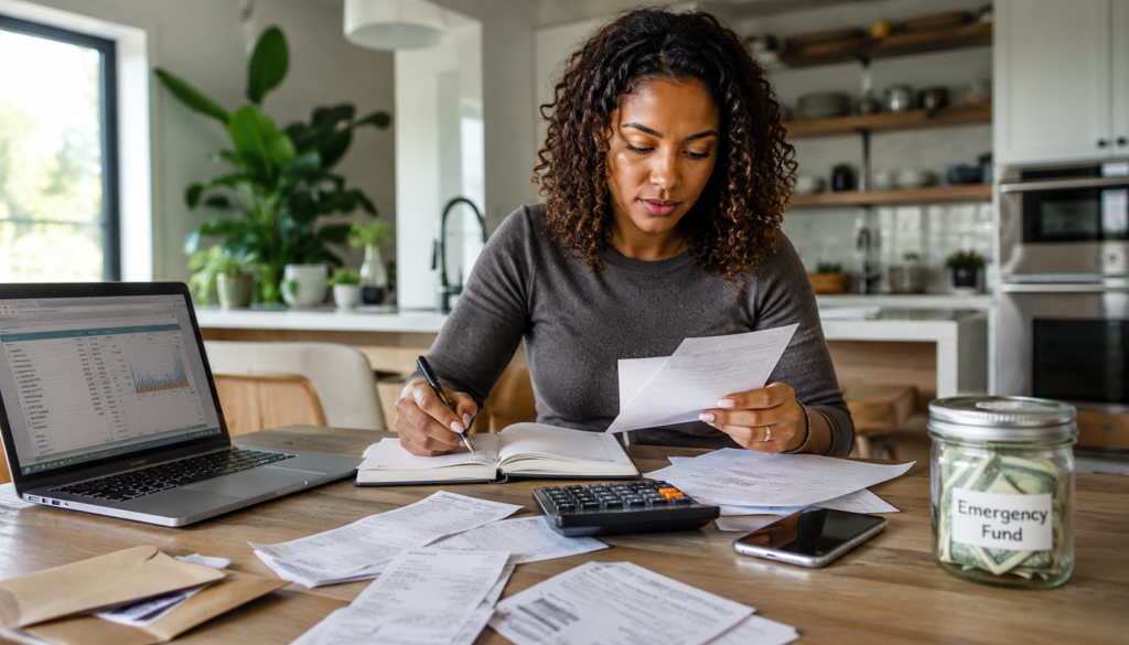 Woman reviewing surprise bills with a calculator, budget notebook, laptop spreadsheet, smartphone, and emergency fund jar in a modern kitchen.