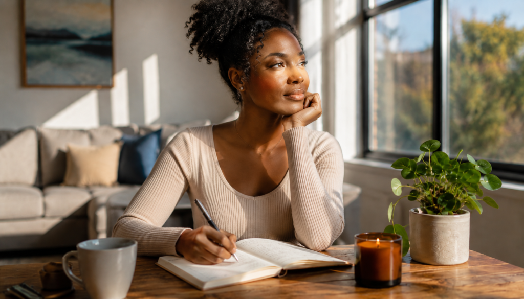 Personal Growth Habits for Quiet Confidence and Burnout Prevention - Eramag Magazine – Business, AI & Digital Growth Black woman journaling by a sunlit window with a calm, reflective expression, showing personal growth habits for quiet confidence, self-care, and burnout prevention.