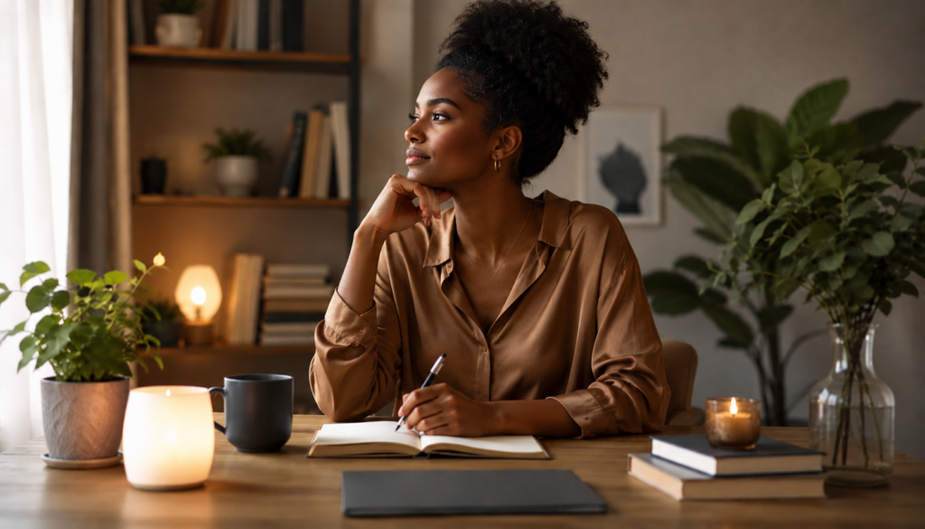 Personal Growth Habits for Quiet Confidence and Burnout Prevention - Eramag Magazine – Business, AI & Digital Growth Black woman journaling in a calm self-care space with plants, candles, books, and soft natural light for quiet confidence and burnout prevention.