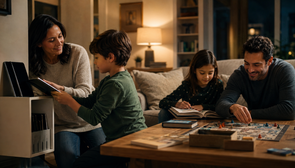 A Realistic Family Routine to Tame Screen-Time Battles - Eramag Magazine – Business, AI & Digital Growth Family creating a realistic screen-time routine at home, putting tablets away while enjoying books and a board game together in a warm living room.