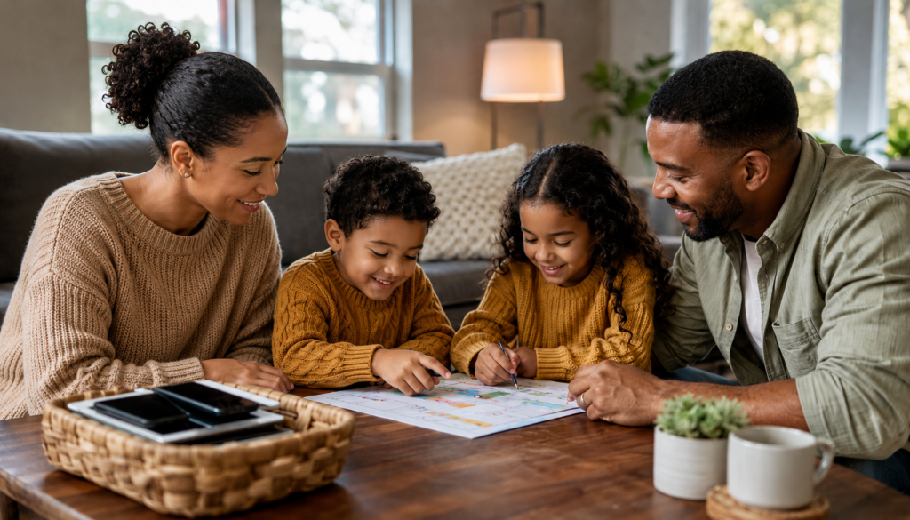 A Realistic Family Routine to Tame Screen-Time Battles - Eramag Magazine – Business, AI & Digital Growth Black family creating a realistic screen-time routine at home with children, parents, activity chart, and devices set aside in a basket.