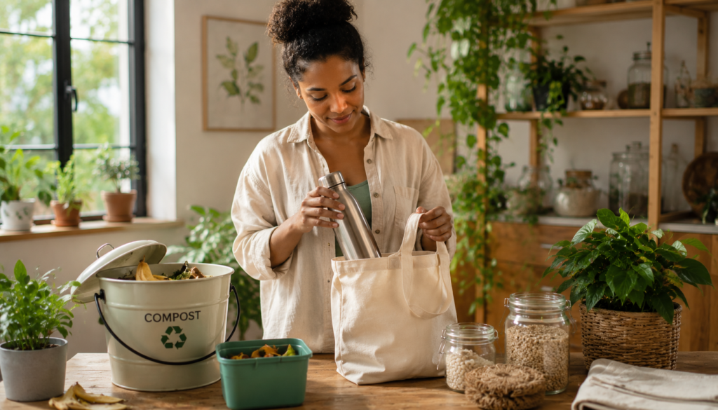 Black woman packing reusable household items in a bright eco-friendly kitchen, showing small sustainable swaps, composting, reusable bags, and low-waste living at home.