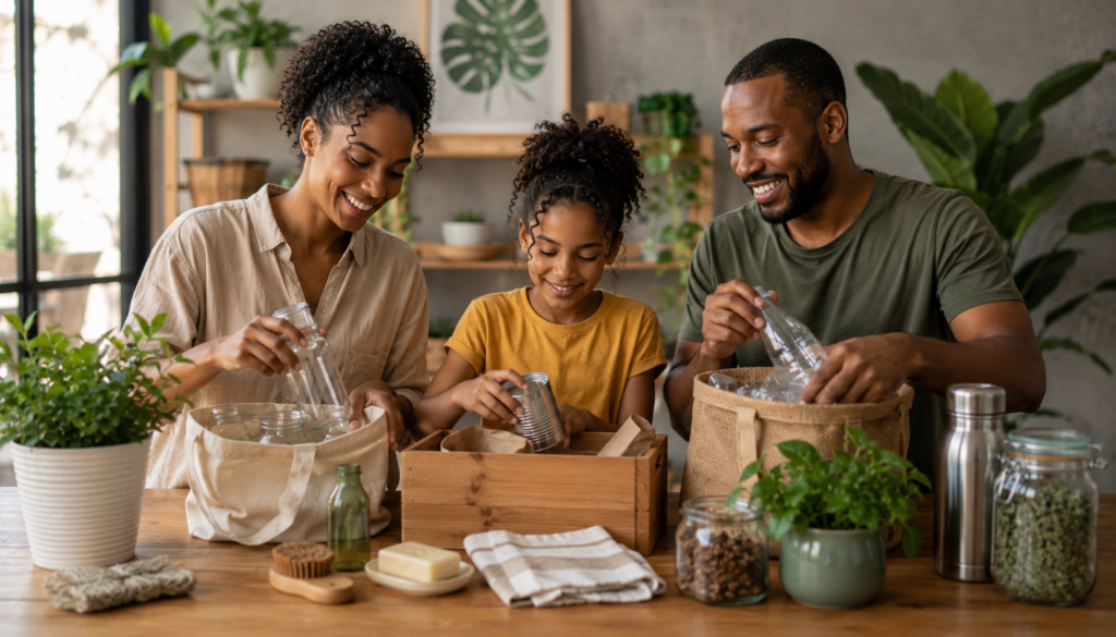 Black family practicing sustainable living at home with reusable bags, glass jars, natural storage baskets, plants, recyclables, and low-waste household swaps.