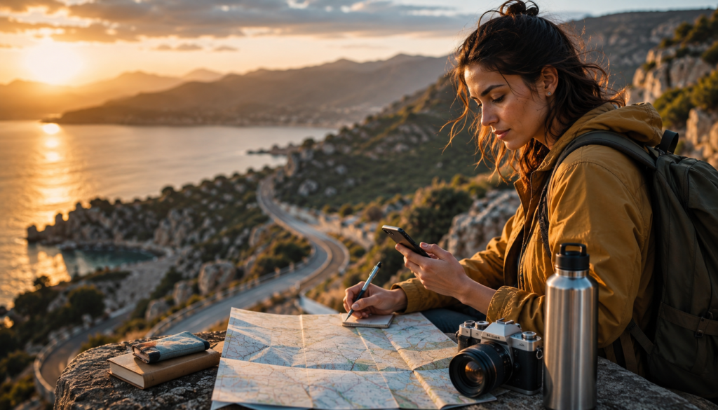 Solo traveler planning a 48-hour budget adventure with a map, smartphone, camera, and backpack while overlooking a scenic coastal road at golden hour.