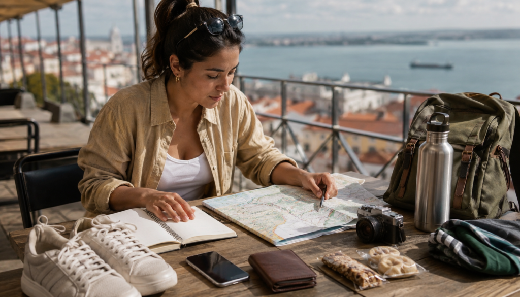 48-Hour Travel Itinerary for Solo Budget Adventures - Eramag Magazine – Business, AI & Digital Growth Solo traveler planning a 48-hour budget adventure with a map, backpack, camera, water bottle, notebook, sneakers, and city view.