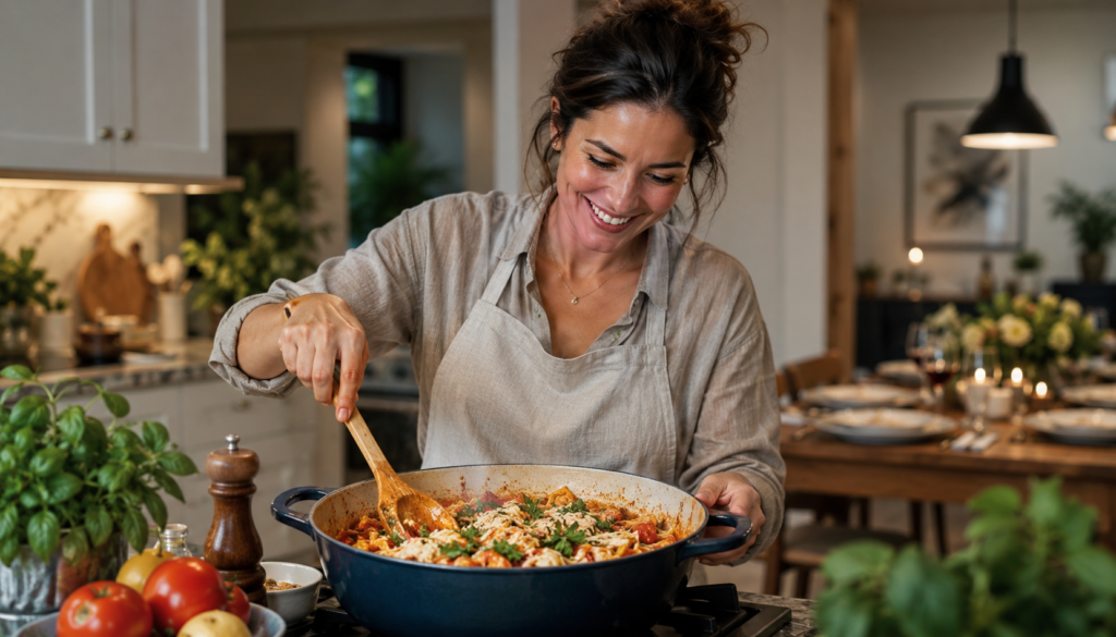 One-Pot Weeknight Recipes That Save Dinner Time - Eramag Magazine – Business, AI & Digital Growth Smiling home cook preparing a one-pot weeknight dinner in a cozy kitchen, with fresh ingredients, warm lighting, and a family-style meal ready in the background.