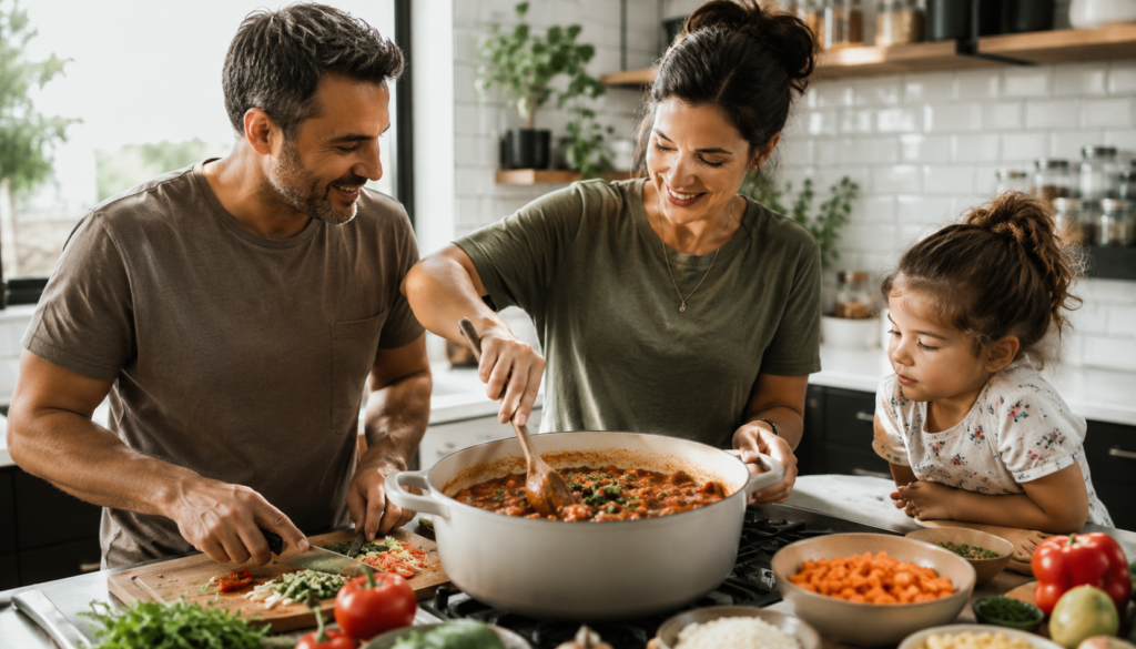 One-Pot Weeknight Recipes That Save Dinner Time - Eramag Magazine – Business, AI & Digital Growth Family cooking a one-pot weeknight dinner with fresh vegetables, a large simmering pot, and simple meal prep in a bright kitchen.