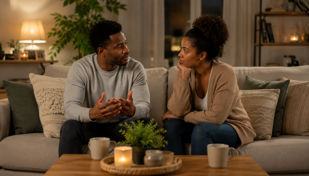 Rebuilding Conversation: Communication in Long-Term Relationships - Eramag Magazine – Business, AI & Digital Growth Couple having a calm, honest conversation in a cozy living room, showing communication, emotional connection, trust rebuilding, and long-term relationship repair.