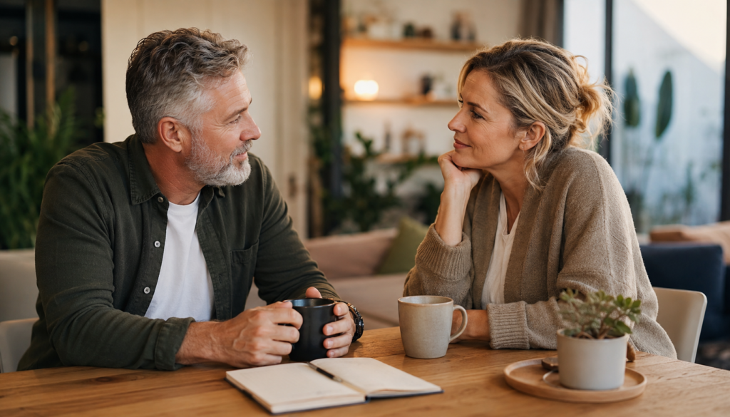 Long-term couple having a calm conversation at home with coffee, an open notebook, warm lighting, and focused emotional connection.
