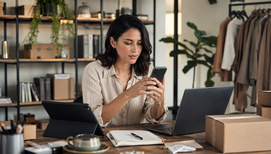 Mobile AI Tools That Boost Small-Business Productivity - Eramag Magazine – Business, AI & Digital Growth Small-business owner using mobile AI tools on a smartphone with a laptop, tablet, packages, and notes in a modern workspace to improve productivity and daily workflow.
