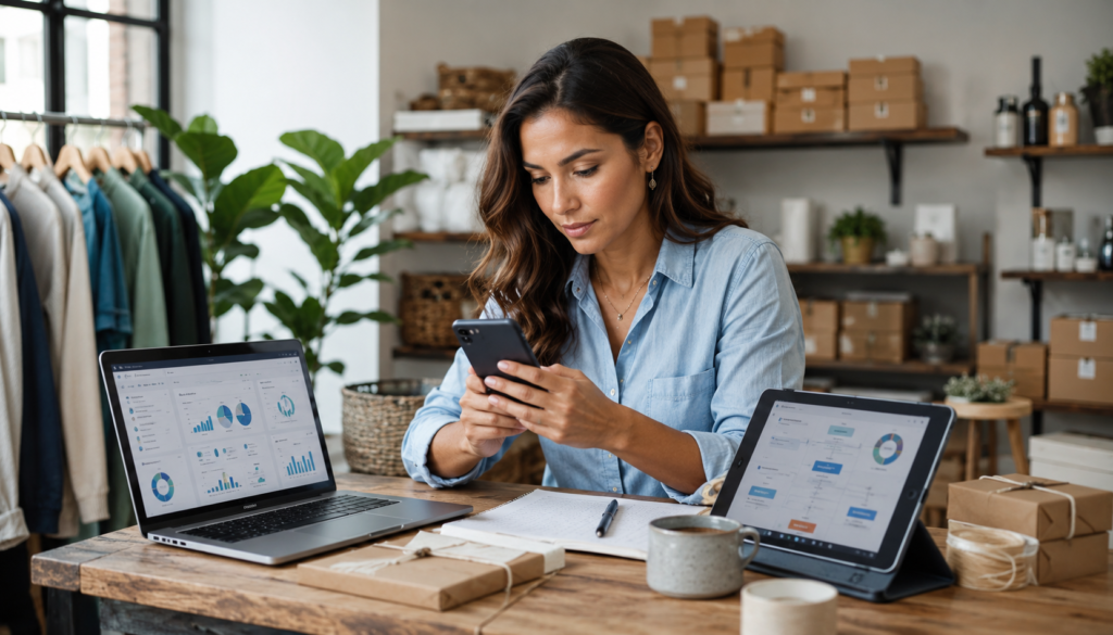Woman managing an online business from home using a smartphone, laptop, and tablet to track sales, orders, and digital marketing performance.