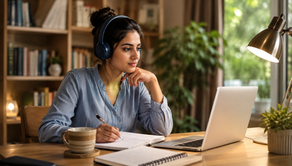 From Zoom Fatigue to Focus: A New Playbook for Online Learning - Eramag Magazine – Business, AI & Digital Growth Online learner wearing headphones and taking focused notes beside a laptop in a calm study space, showing a shift from Zoom fatigue to better online learning focus.