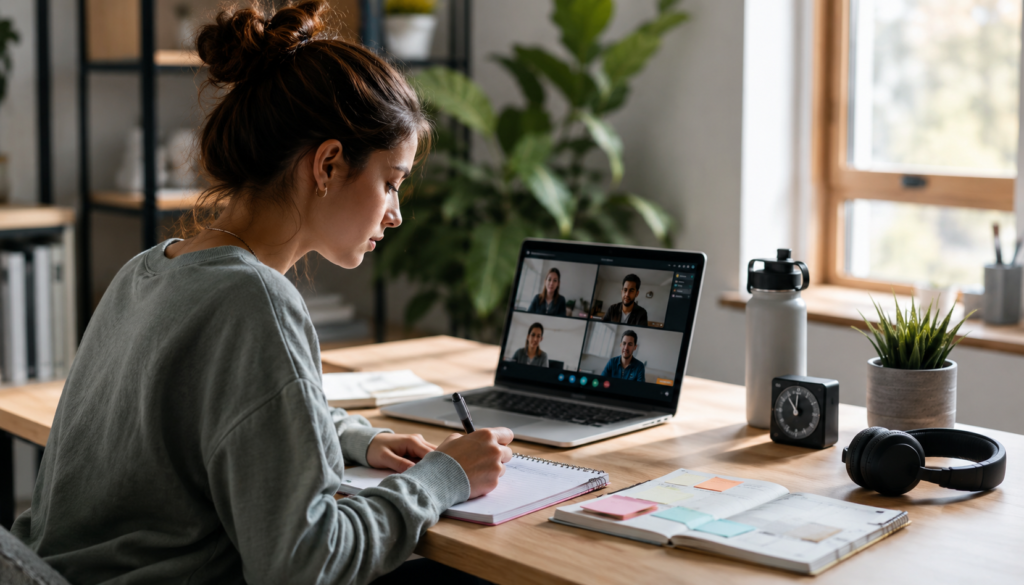 From Zoom Fatigue to Focus: A New Playbook for Online Learning - Eramag Magazine – Business, AI & Digital Growth Online learner overcoming Zoom fatigue with focused study habits, laptop video class, notebook, planner, headphones, water bottle, and calm study setup.