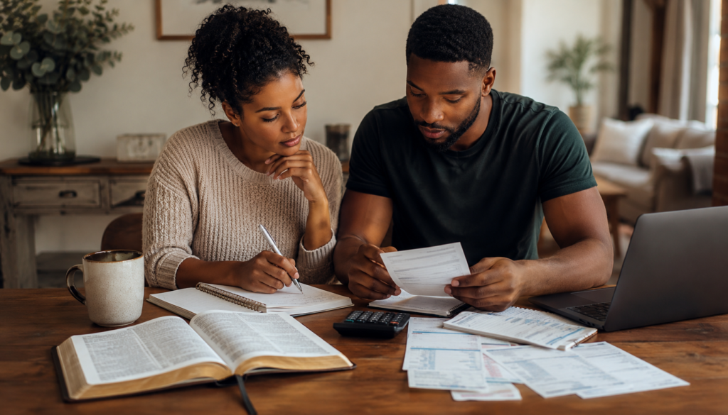 When Budgeting Feels Like Worship: A Biblical Stewardship Plan - Eramag Magazine – Business, AI & Digital Growth Christian couple reviewing a family budget with an open Bible, laptop, calculator, and bills, showing biblical stewardship, faith-based budgeting, and wise money planning.