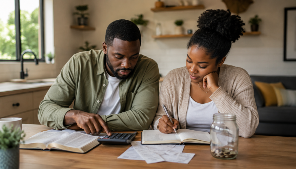 When Budgeting Feels Like Worship: A Biblical Stewardship Plan - Eramag Magazine – Business, AI & Digital Growth Christian couple creating a biblical stewardship budget with an open Bible, calculator, notebook, bills, and savings jar at home.