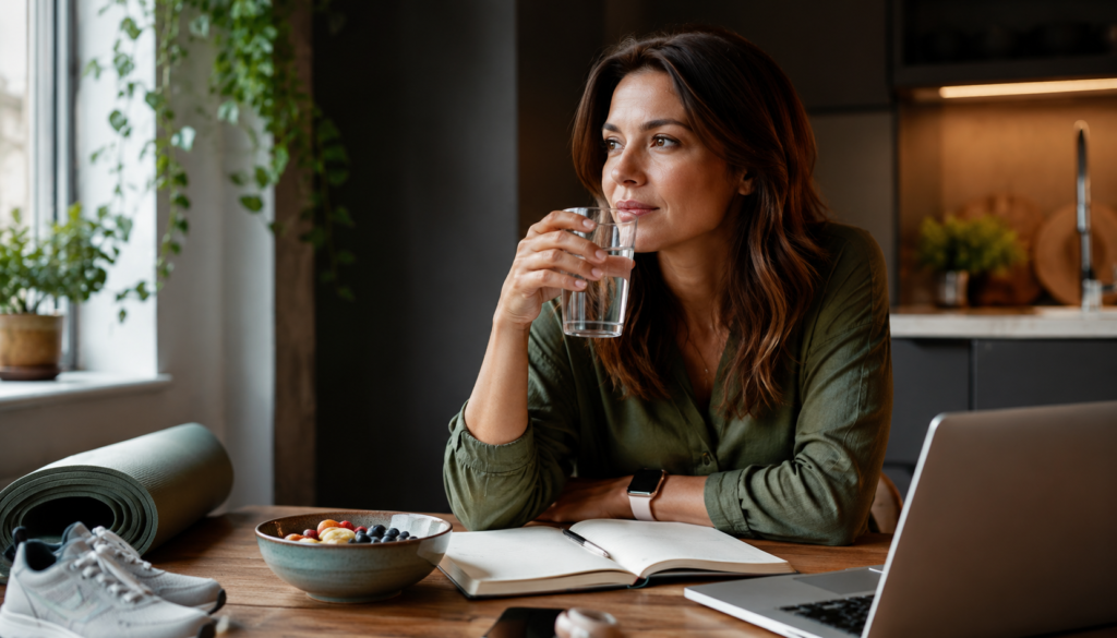 Burnout Recovery: Healthy Daily Habits for Busy Professionals - Eramag Magazine – Business, AI & Digital Growth Busy professional taking a calm wellness break with water, journal, healthy breakfast, laptop, and workout gear, showing burnout recovery and healthy daily habits.