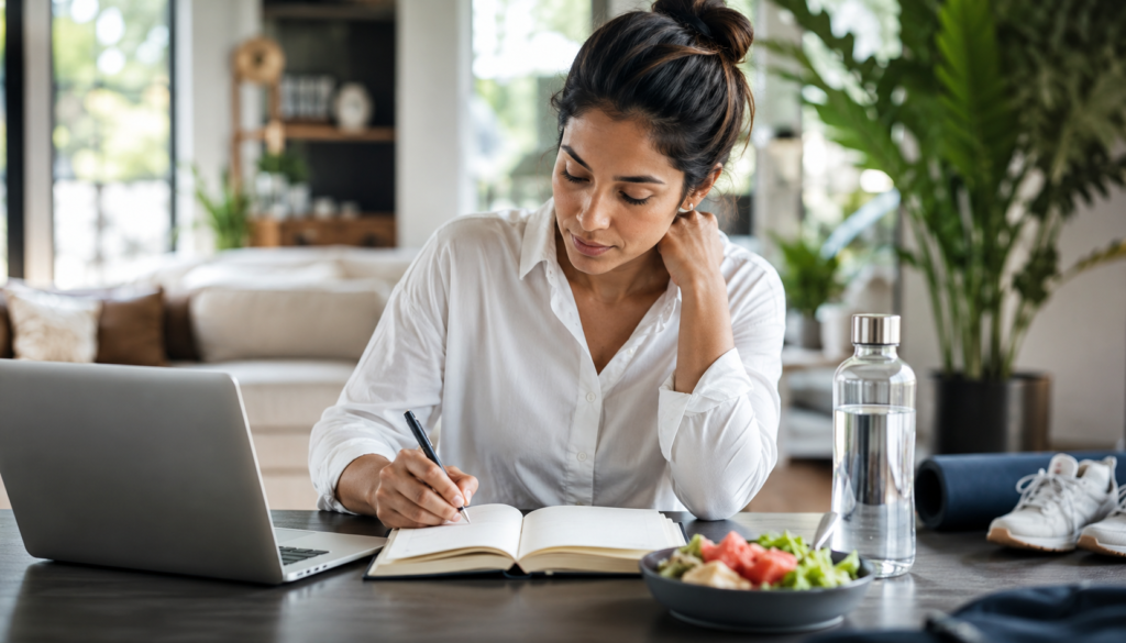 Busy professional journaling a burnout recovery routine with laptop, water bottle, healthy meal, yoga mat, sneakers, and soft natural light at home.