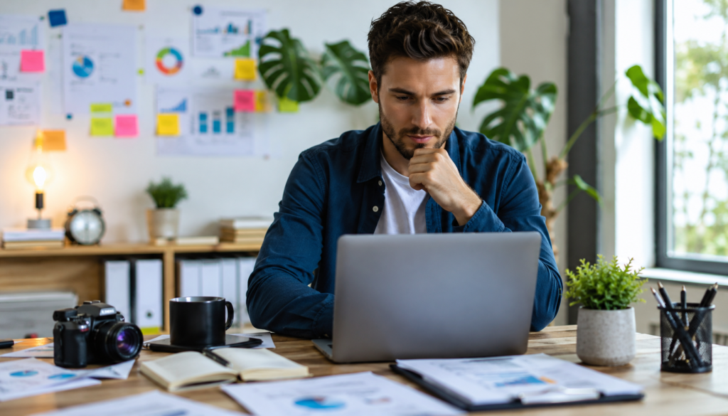 Repeatable Digital Marketing Strategy for Solo Entrepreneurs - Eramag Magazine – Business, AI & Digital Growth Solo entrepreneur planning a repeatable digital marketing strategy with a laptop, content notes, analytics charts, camera, and workspace tools in a bright modern office.