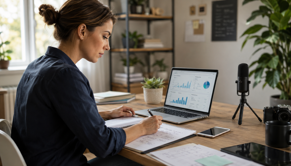 Solo entrepreneur planning a repeatable digital marketing strategy with laptop analytics, workflow notes, microphone, camera, smartphone, and content tools.