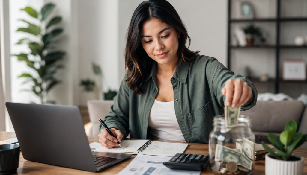 Emergency Fund First: A Practical Plan for Budgeting and Debt - Eramag Magazine – Business, AI & Digital Growth Young woman building an emergency fund by adding cash to a savings jar while reviewing a budget, laptop, calculator, and debt paperwork at home.