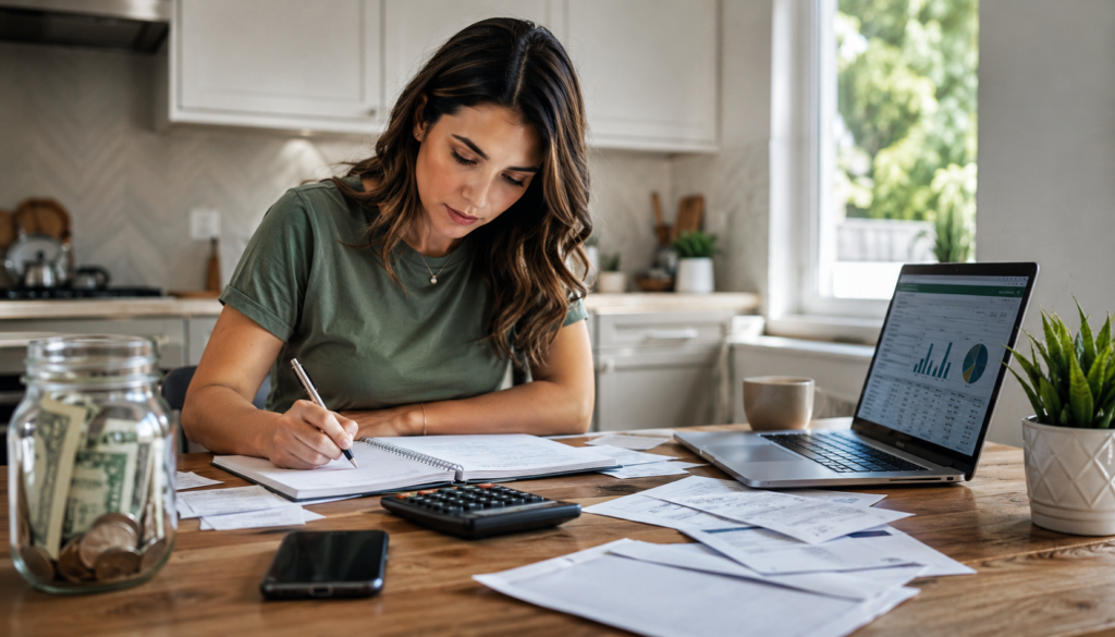 Emergency Fund First: A Practical Plan for Budgeting and Debt - Eramag Magazine – Business, AI & Digital Growth Woman creating an emergency fund plan with a savings jar, calculator, budget notebook, laptop spreadsheet, phone, and debt papers at home.