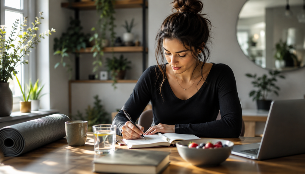 Rebuild Confidence and Focus with a Practical Self-Care Routine - Eramag Magazine – Business, AI & Digital Growth Woman journaling in a calm sunlit workspace with water, healthy food, yoga mat, and laptop, showing a practical self-care routine for confidence and focus.