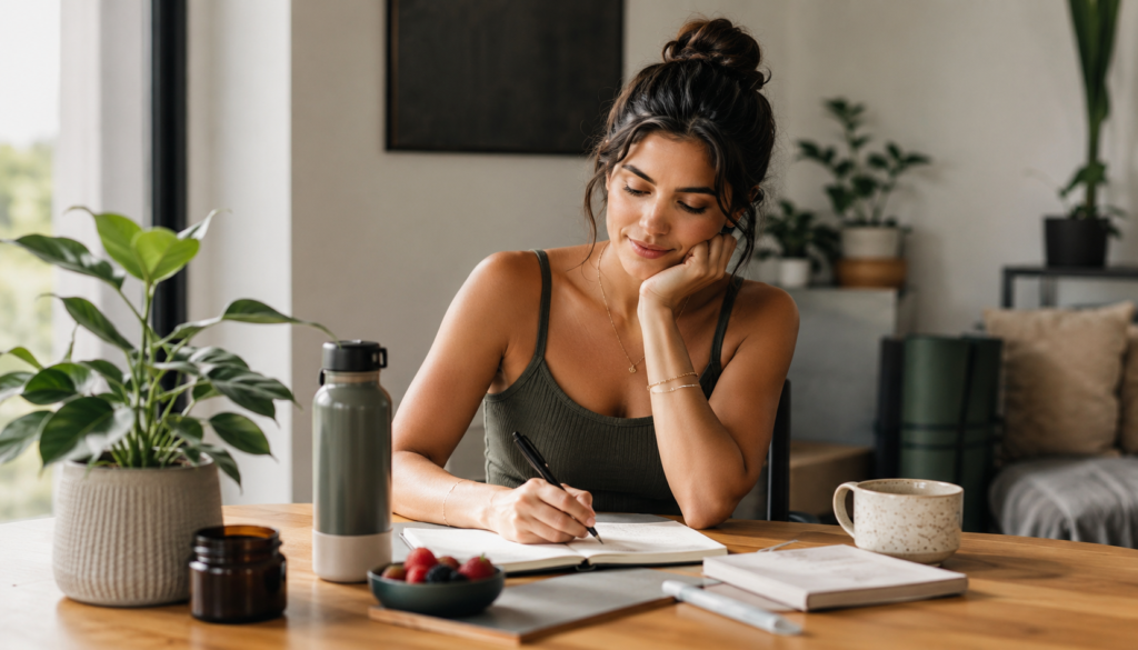 Woman practicing a practical self-care routine at home with a journal, water bottle, healthy snack, books, plants, and soft natural light.