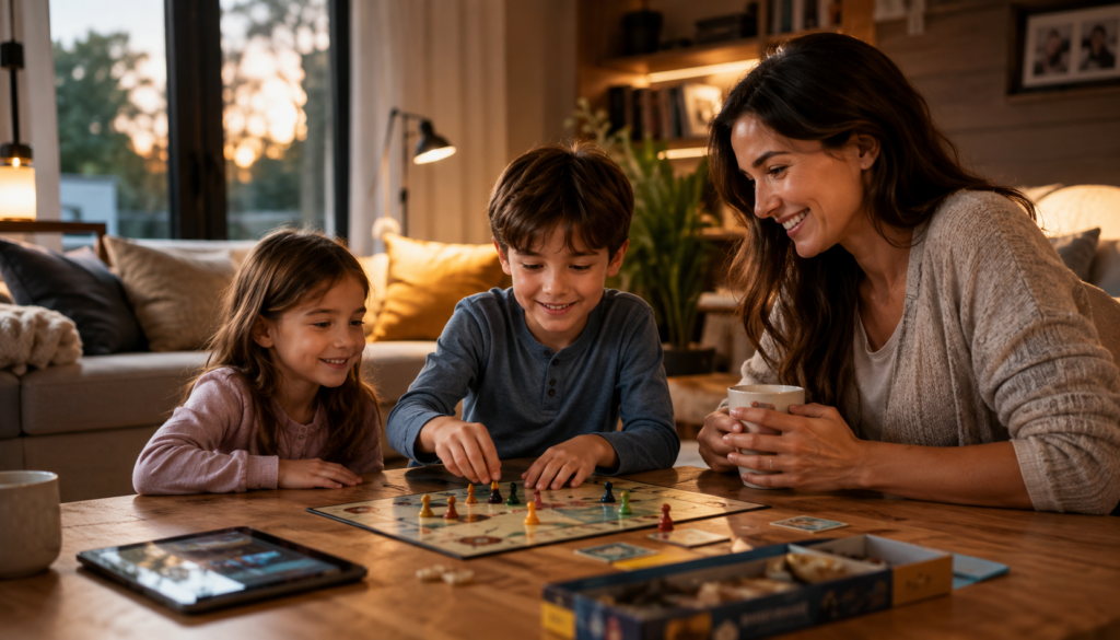 Family Routines That Calm Screen-Time Meltdowns - Eramag Magazine – Business, AI & Digital Growth Family enjoying a calm board game night with tablets set aside, showing screen-time routines, emotional regulation, and healthier family connection at home.
