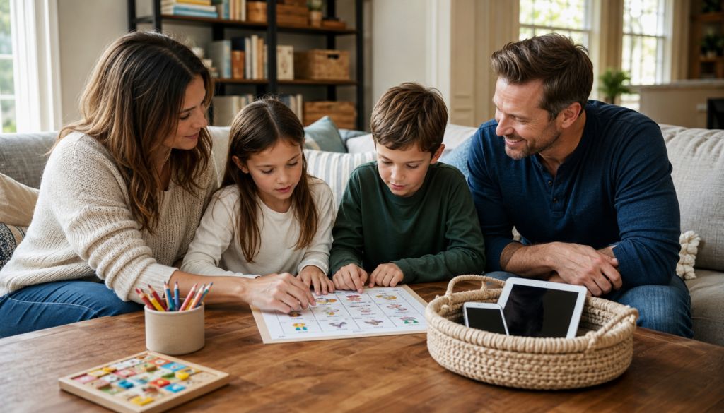 Family using a calm screen-time routine at home with parents, two children, an activity chart, and devices placed aside in a basket.